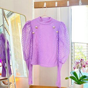 Purple Long Sleeve Puff Sheer Sleeve Sweater Top, Small